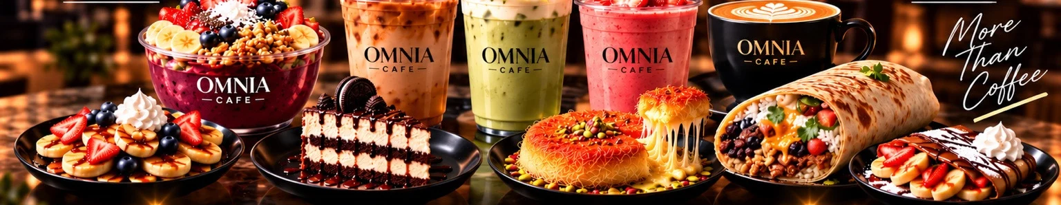 A spread of Omnia Cafe drinks, açaí, cheesecake, kunafe, a breakfast burrito and crepes