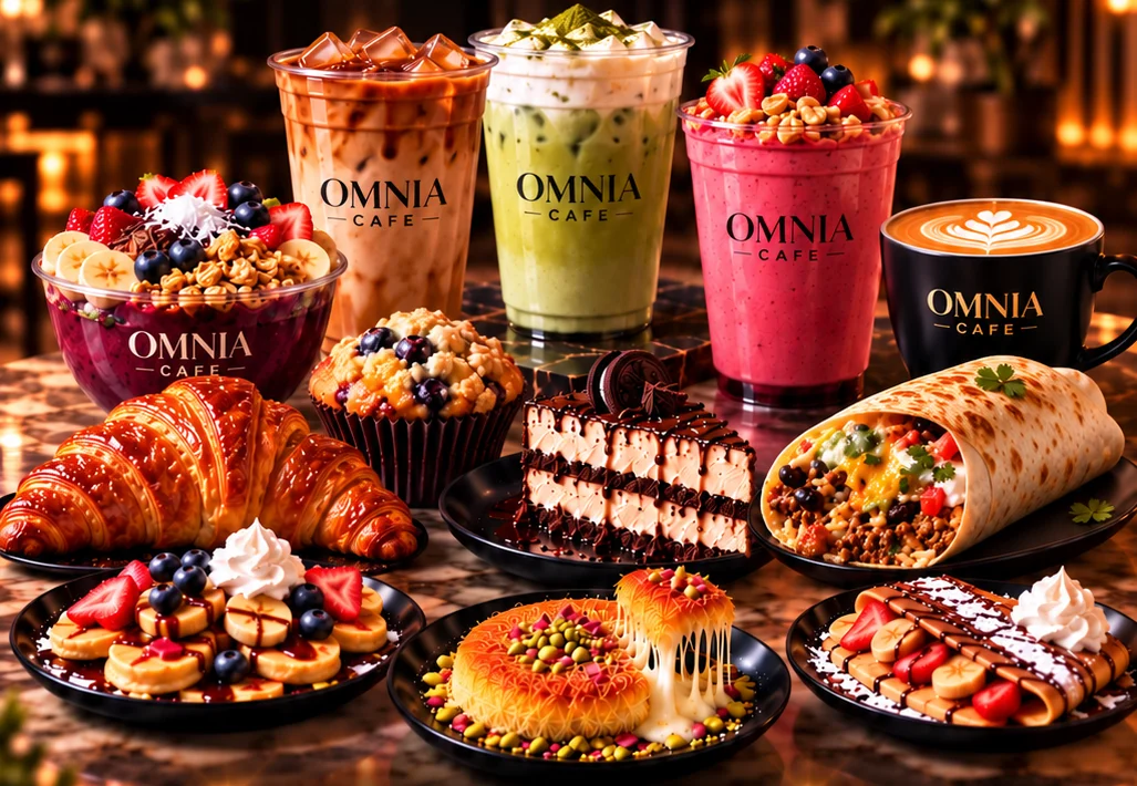 Omnia Cafe drinks and desserts: iced coffee, matcha latte, berry smoothie, latte, açaí bowl, croissant, cheesecake, kunafe, a breakfast burrito and crepes