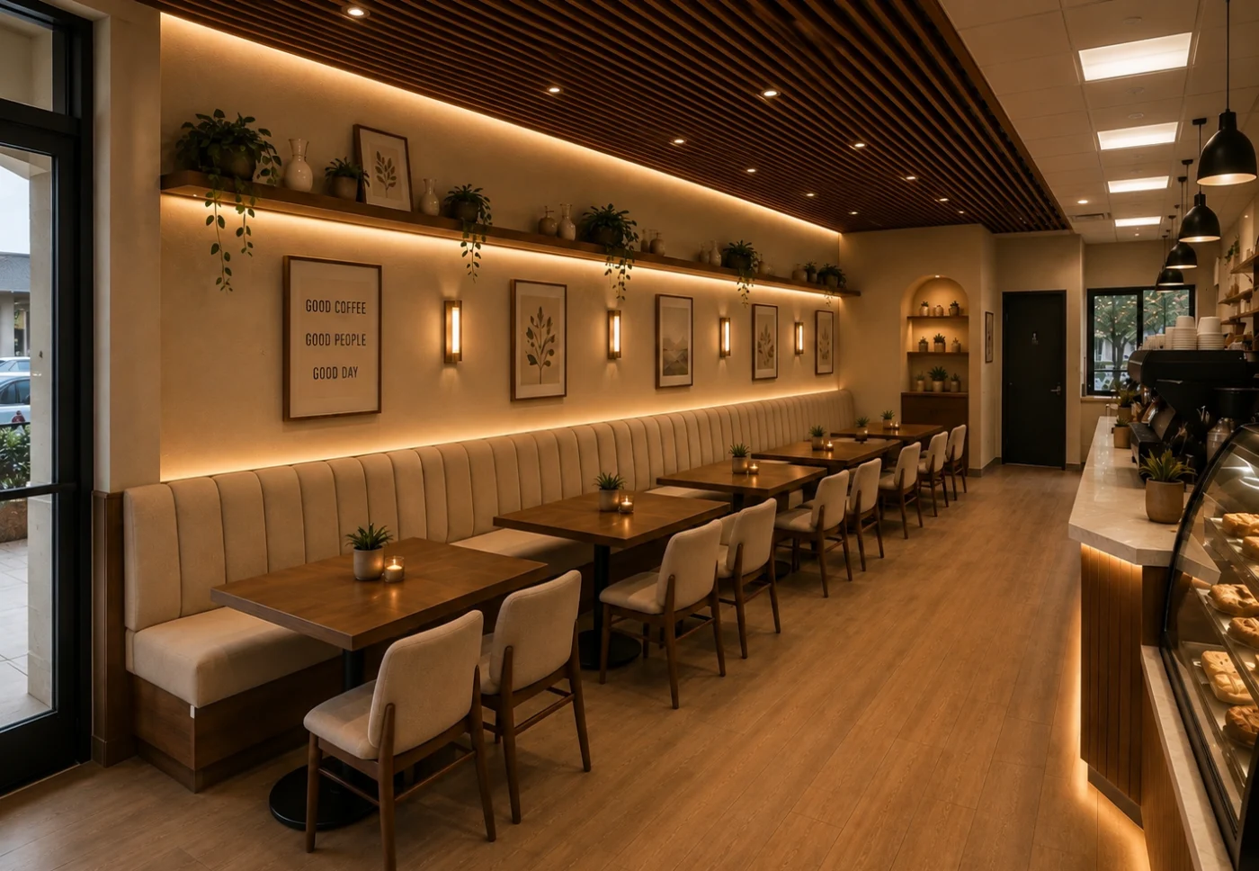 Design rendering of Omnia Cafe: a long upholstered booth with wood tables under lit shelves of plants