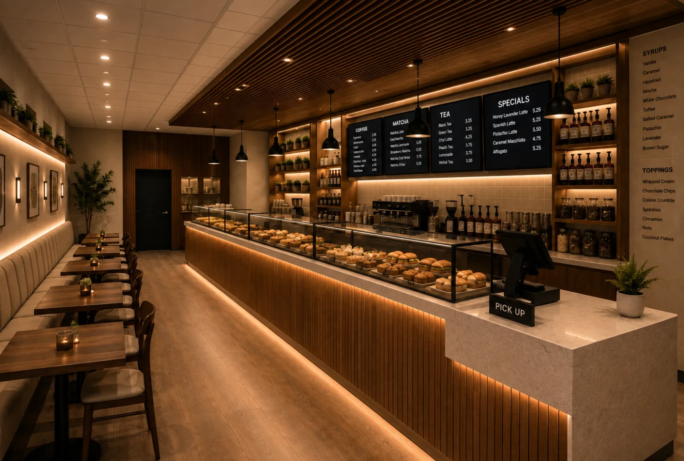 Design rendering of the Omnia Cafe counter with a pastry case, menu boards and a pickup station