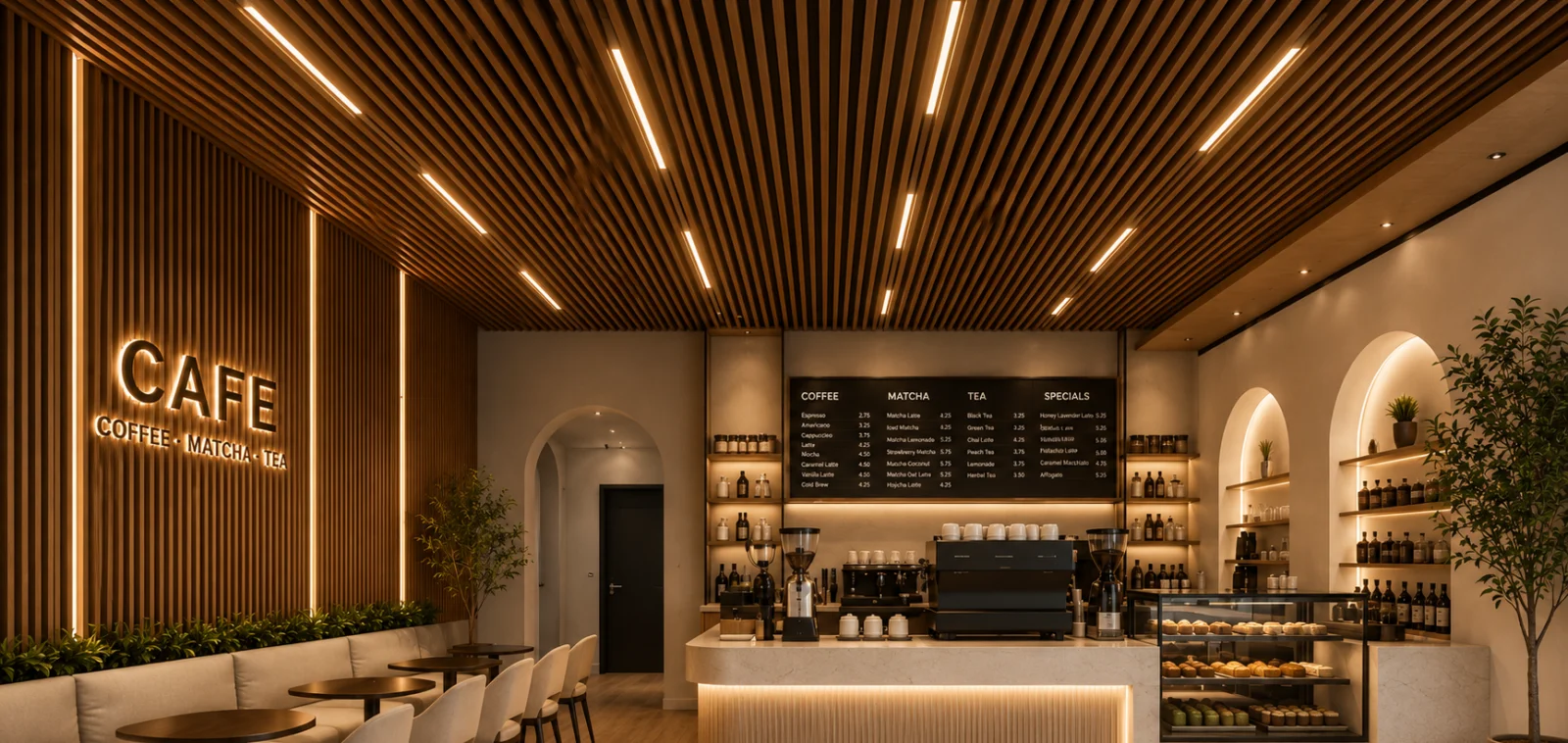 Design rendering of Omnia Cafe with a slatted wood ceiling, lit strips, a glowing CAFE sign and arched shelves