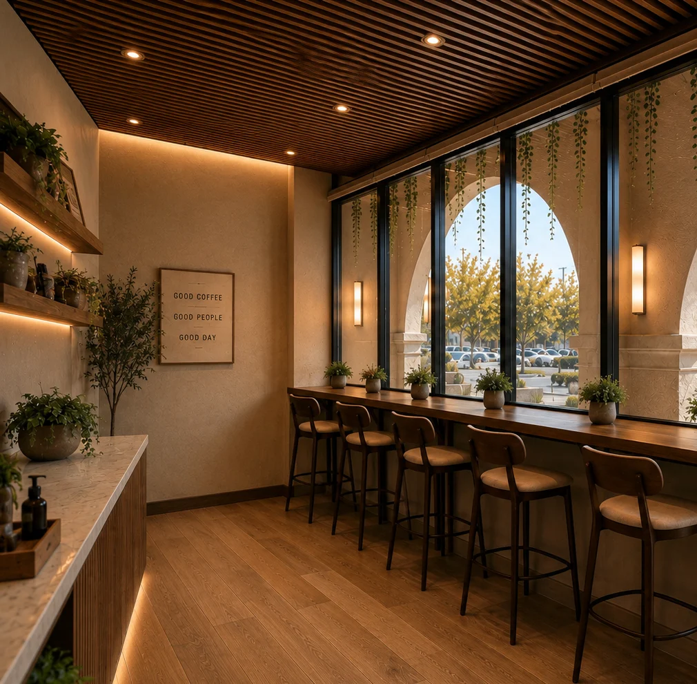 Design rendering of bar stools along the front windows of Omnia Cafe